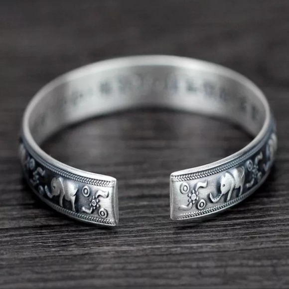 Unisex Engraved Elephant Bracelet 999 Pure Silver Cuff - Picture 7 of 14